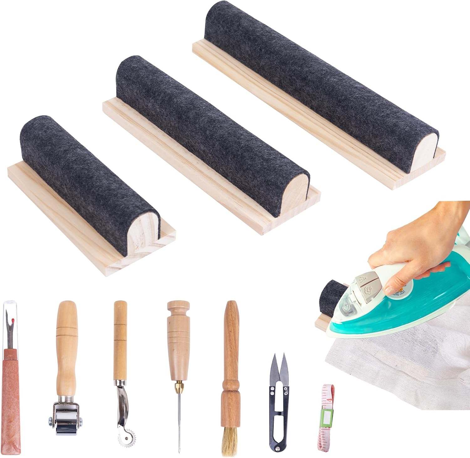 10pcs 3 Size Tailors Clapper Set for Quilting,Includes Another 7 Basic Sewing Tools,Wooden Tailors Tool,7, 9.5, 12 Inch Clapper Sewing Tool for Steam Iron Seam Sewing Quilting Ironing Machine