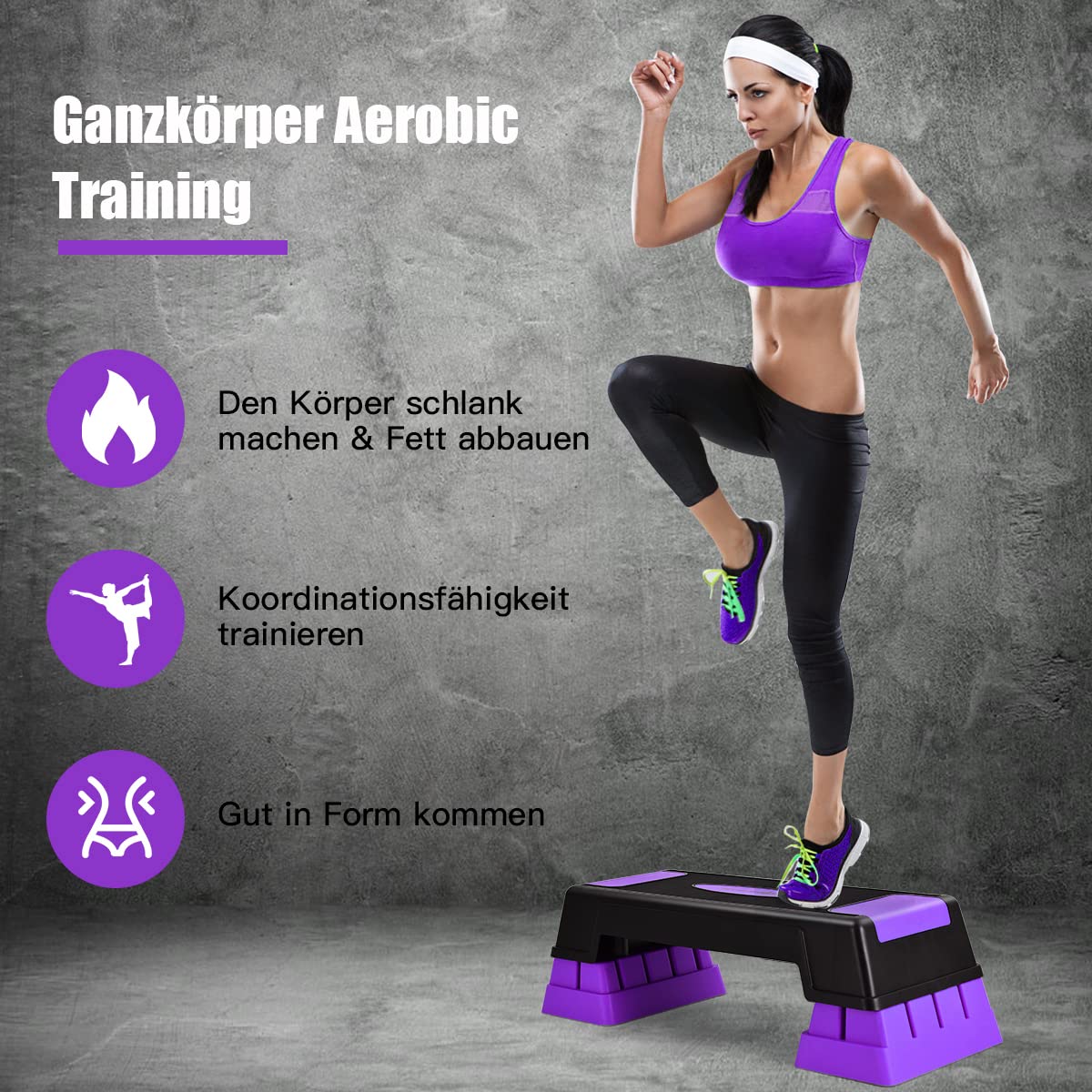 COSTWAY Höhenverstellbarer Aerobic Stepper mit 3 Stufen 12/17 / 22cm, Steppbrett bis 150KG belastbar, Stepbench, Fitness Stepper für das Heim-Fitness