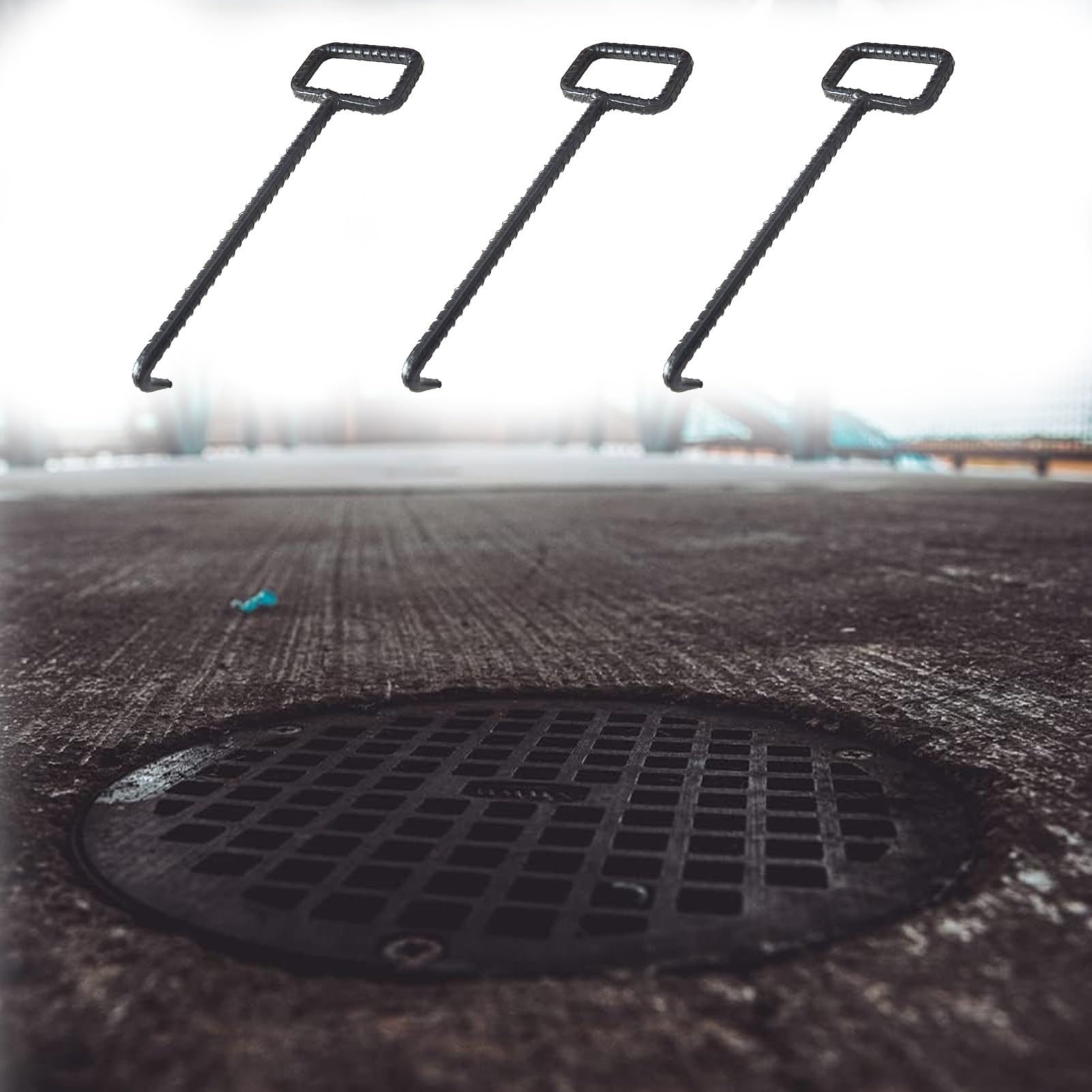 ZIMGOD 16mm Thick Manhole Puller Tool Heavy Duty, 3 Pcs Roadside Threaded Sewer Cover Lifter, Black Rebar Hooks for Lifting & Moving Drain Grate(42cm (16 1/2