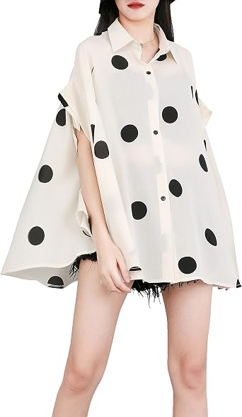 ellazhu Womens Batwing Sleeve Polka Dot Printed Button Down Blouse Oversized Shirt Top for Summer GY1903