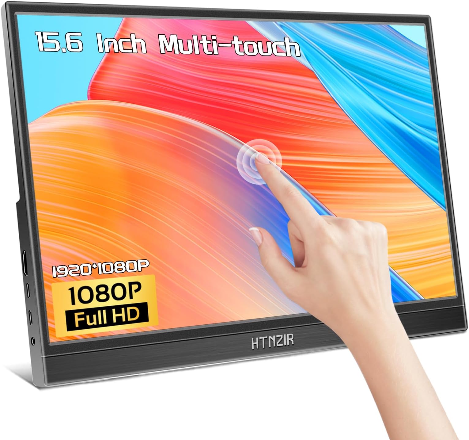 HTNZIR15.6 Inch FHD 1920x1080 Portable Touchscreen Monitor, USB-C HDMI, HDR, Built-in Speakers, Kickstand, Landscape/Portrait Mode, for Laptop PC Phone Mac Xbox PS5/PS4