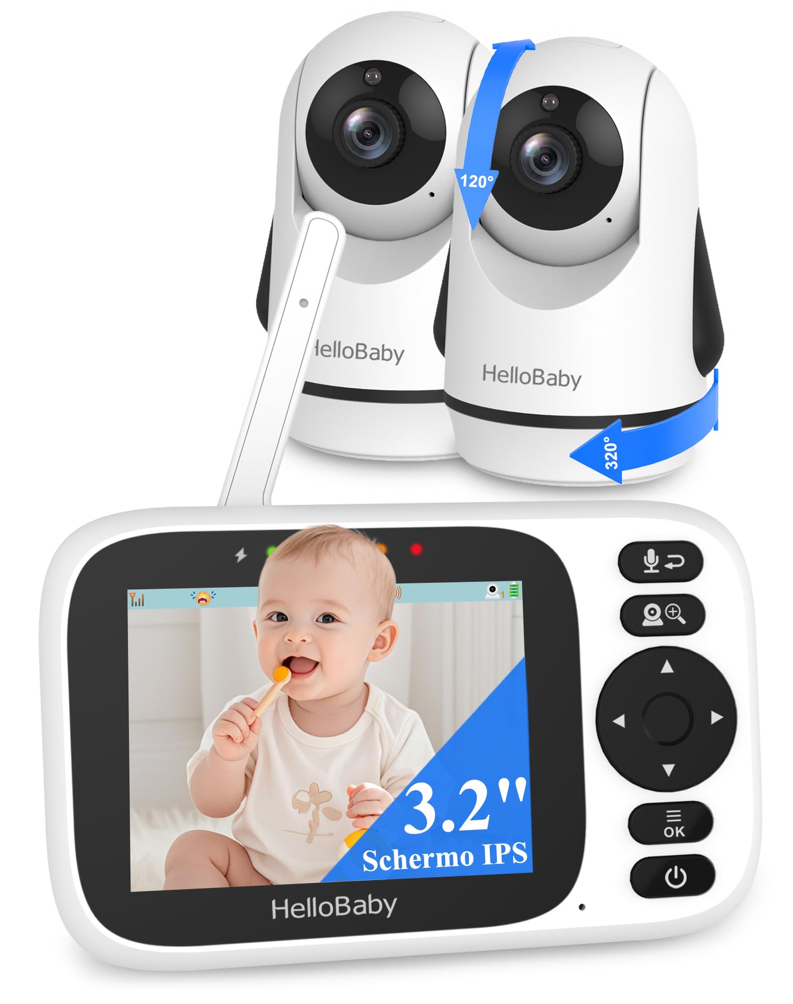 HelloBaby Baby Monitor Video e Audio 3.2'',Telecamera Bambini con Monitor e Doppia Telecamera,320° Telecamera Rotante,Visione Notturna,Sensore Temperatura,ECO,Interfono Bidirezionale,Ninna Nann