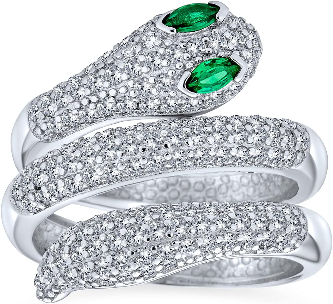 Bling Jewelry Egyptian Style Exotic Formal CZ Micro Pave Simulated Emerald Green Eye Wrapping Stackable Bypass Wrap Wide Statement Serpent Snake Ring For Women Open Adjustable .925 Sterling Sliver