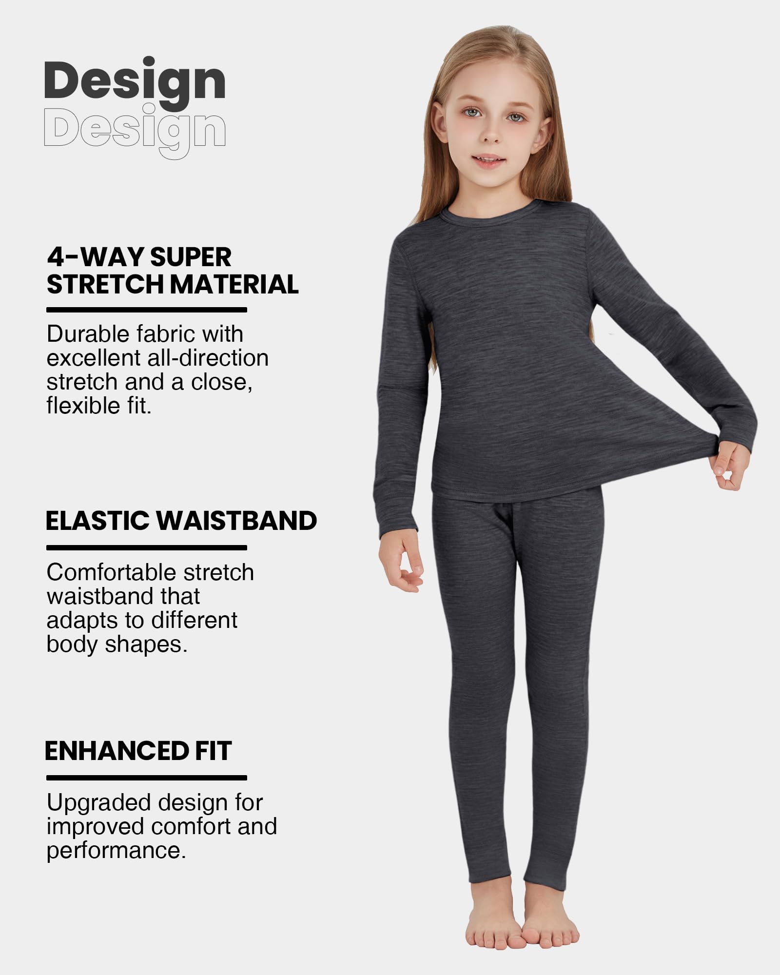 Ropa interior térmica infantil unisex, 100 % lana merino, juego para niños y niñas, ropa interior de esquí de invierno, cálida y cómoda, 260 g/m², gris brezo, 7-8