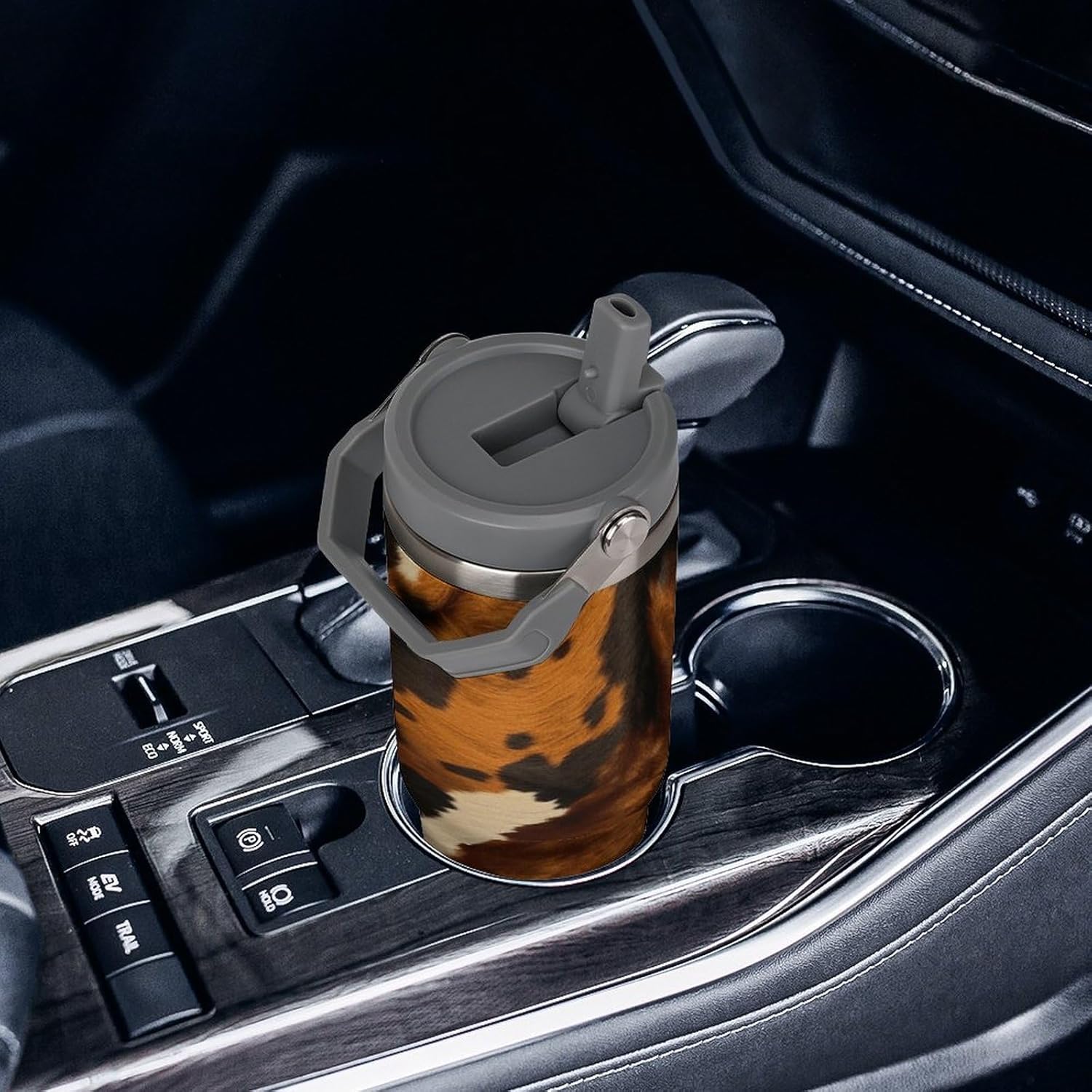 Abstract Cow Skin Water Bottle 30 Oz Fits Car Cup Holder,Insulated Coffee Mug Large Capacity Car Cups,Stainless Steel Double Wall Sport Bottle for Travel Sports Gym