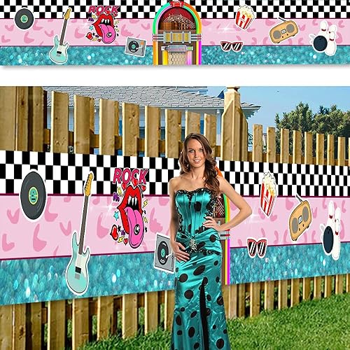 Miniatura 7 de Cartel de regreso a Soda Shop Rock Roll de 118 x 20 pulgadas con texto en inglés "Back to 50's Sock Hop", decoración clásica de fiesta para