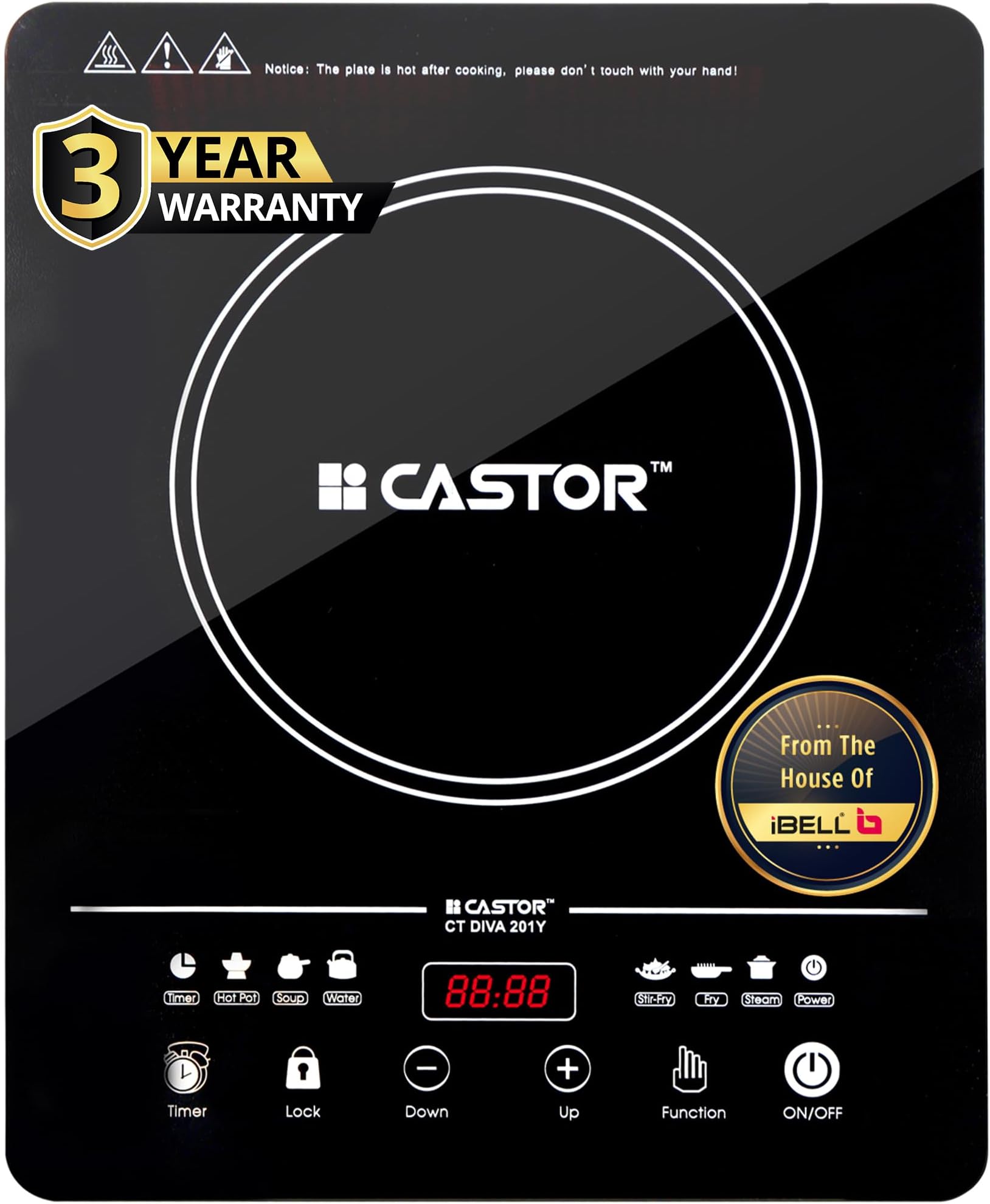 Castor DIVA 2000W, 3YEAR WARRANTY, Induction Cooktop with Touch Control, 8 Preset Menus, Auto Shut-Off, Overheat Protection, Energy Efficient, BIS Certified, [Black]