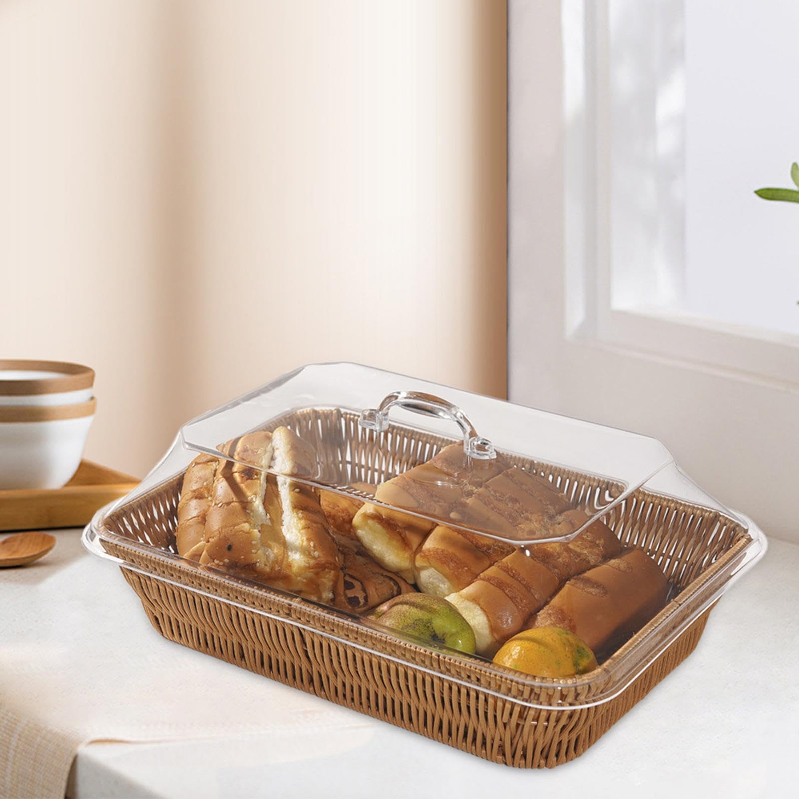 Cestino Intrecciato Per Pane Con Coperchio Acrilico - Finto Rattan Fatto A Mano - Porta Frutta E Pane Per Cucina, Matrimoni E Regali (Taglie S-M-L)