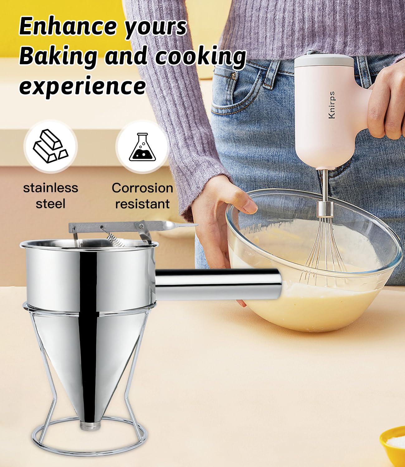 Imbuto Cucina, 1200ml Imbuto per Pasticceria da Cucina in Acciaio Inox, Dosatore per Impasti con Supporto e 4 beccucci in silicone per Torte, Frittelle, Dessert, Waffle, Muffin