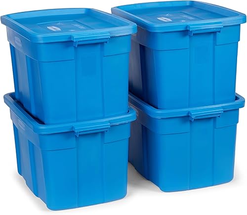 Rubbermaid Roughneck - Paquete de 4 contenedores de 25 galones, fabricados en Estados Unidos, color azul Herirage, contenedores de almacenamiento