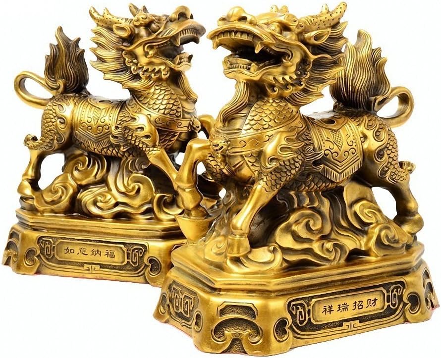 Wenmily Feng Shui Set of Two Golden Brass Chi Lin/Kylin Wealth Prosperity Statue + Set of 10 Lucky Charm Ancient Coins on Red String, Home Decoration Attract Wealth and Good Luck