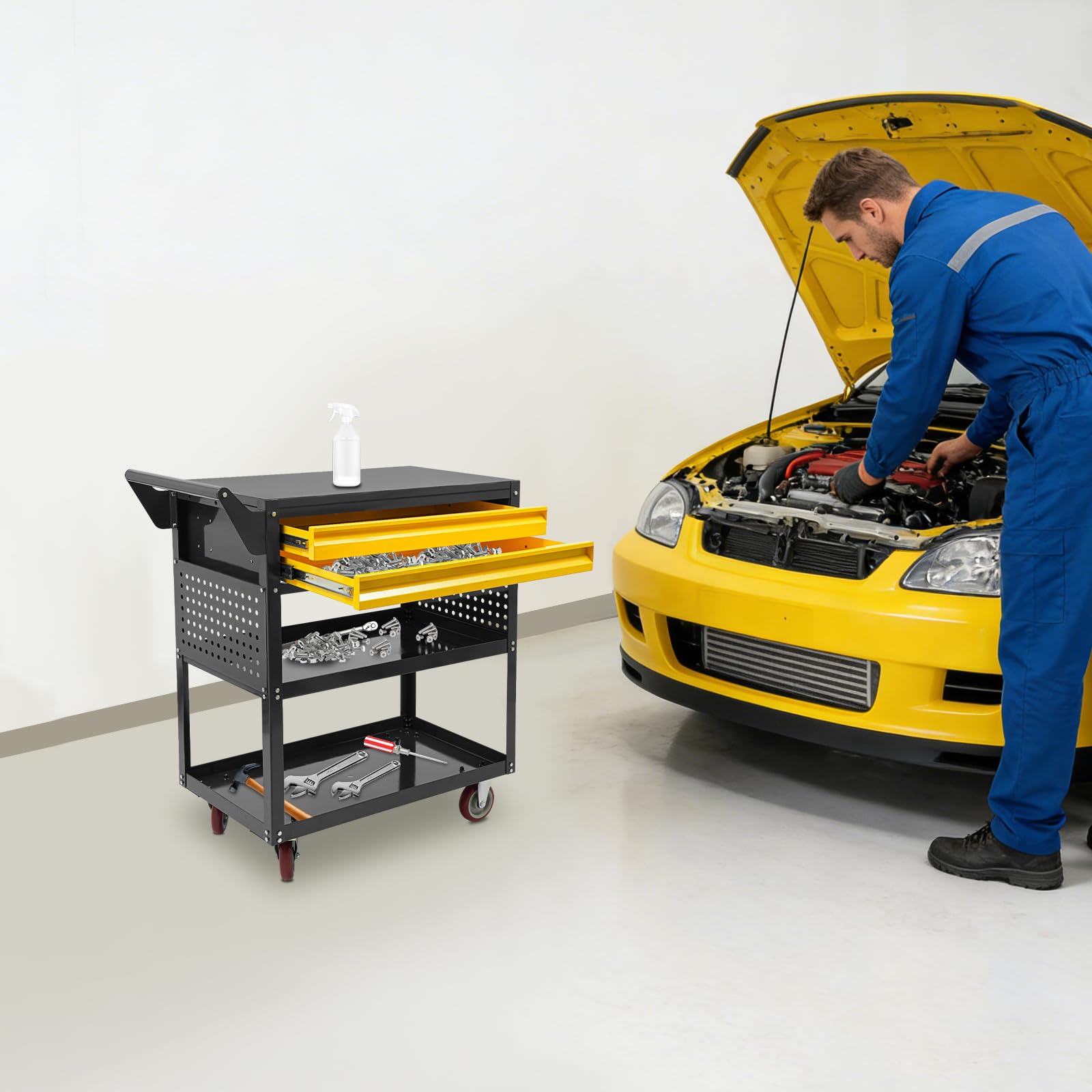 Carrello da officina, carrello da officina con scomparti per officina (nero) | Banco da lavoro mobile, carrello da officina, carrello per trasporto e stoccaggio, portata 181 kg, 79 x 45 x 96 cm