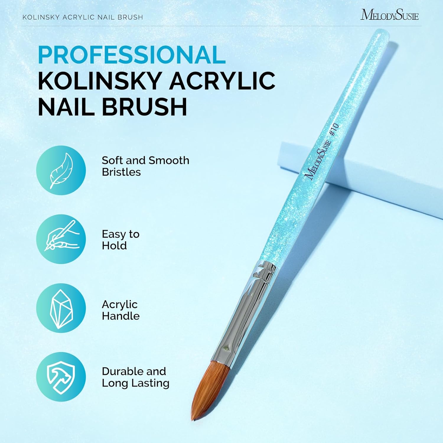 MelodySusie Kolinsky Acrylic Nail Brush,66% Kolinsky Hair Professional Nail Art Brush for Acrylic Application, Aurora Collection Fine Glitter Brush, Blue, Size 10