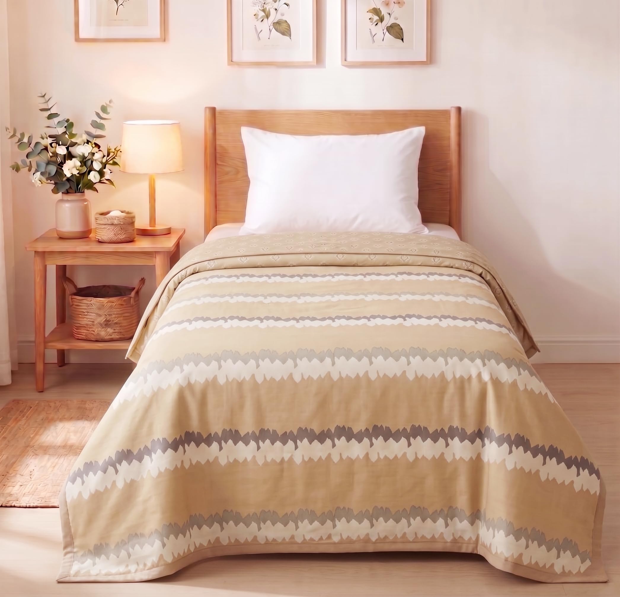 VAS COLLECTIONS Cotton AC Blanket for Single Bed, 147x230 cm | Reversible Lightweight All Season Comforter | Soft Breathable Skin-Friendly Blanket for Bedroom Use (Cream White)