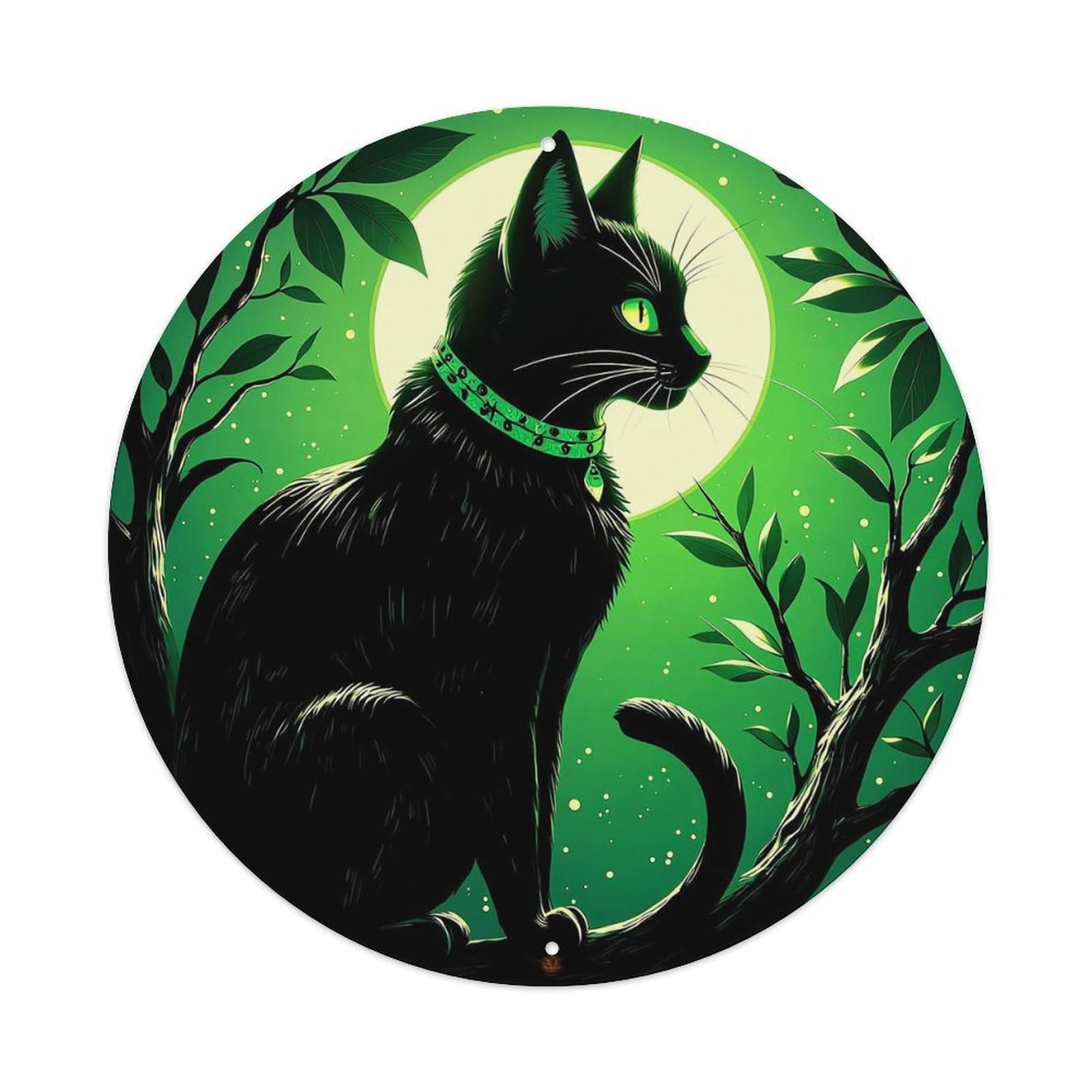 Black Cat Moon Green Leaves Retro Metal Sign Round Tin Sign, Vintage Decor Art Poster for Bar, Home, Man Cave, Kitchen, Laundry Room Gift 8x8Inch