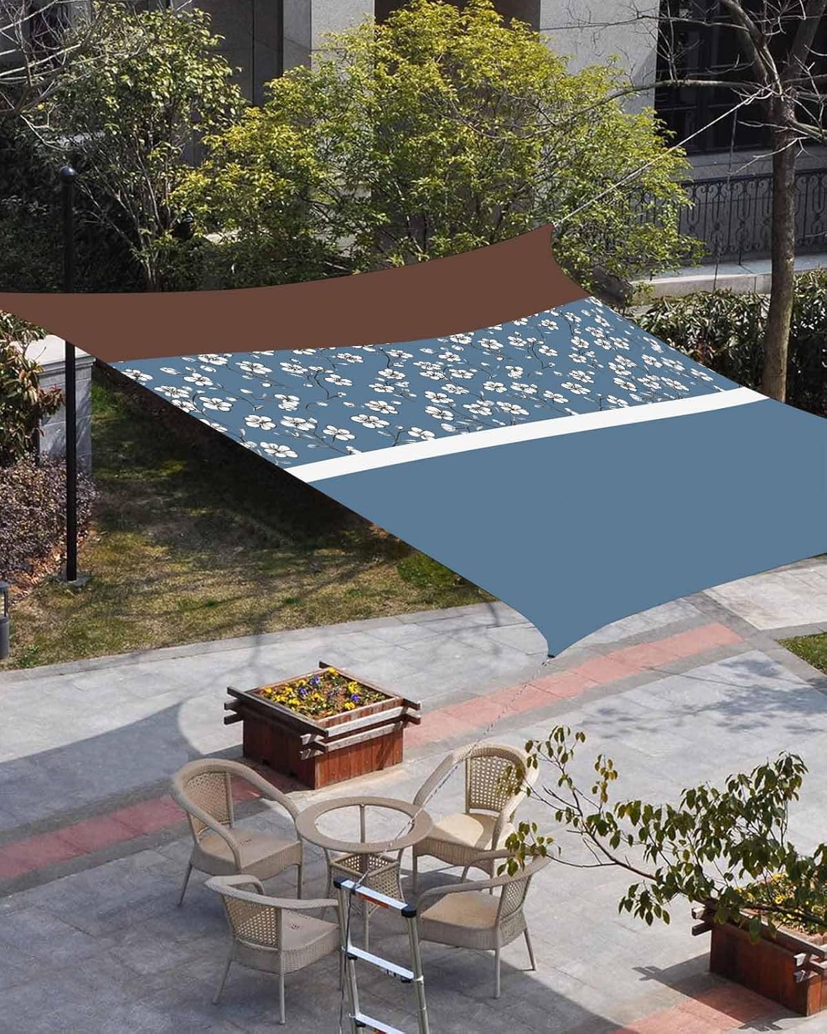 Sun Shade Sail 8'x10' Blue Brown Floral Rectangle Sun Shade Sails Canopy Waterproof Stitching Art Outdoor Sunshades Sand UV Block Cover Shade Cloth for Patio Backyard Garden Deck Porch Lawn