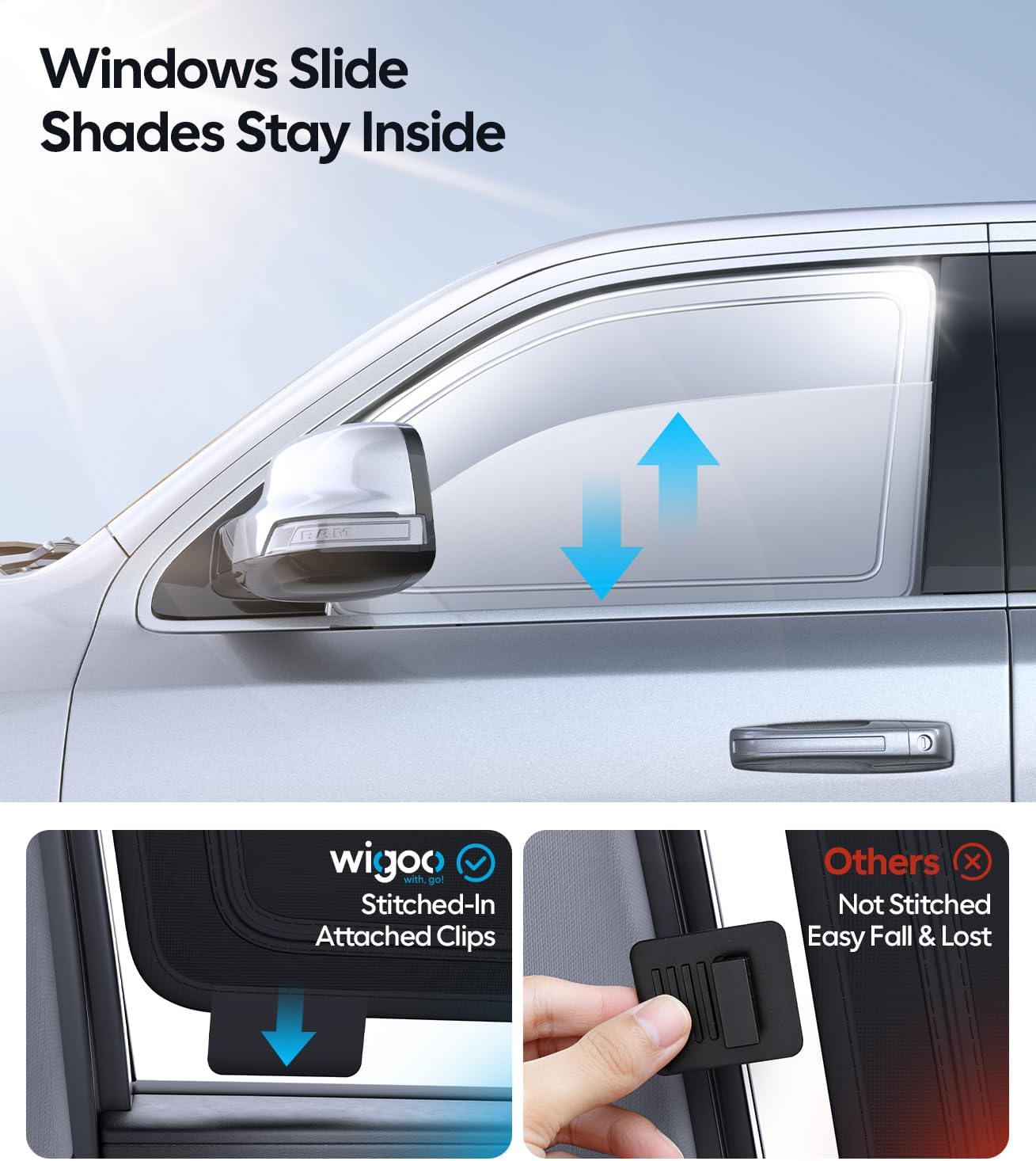 Wigoo 2026 Upgrade 6PCS Full Set Window Sunshade for Dodge Ram 1500 2019-2026 [7-Layer Cooler & Blacker, Ice-Crystal Tech] with Windshield for Sun Block, Baby, Camping, Privacy Napping, Relax