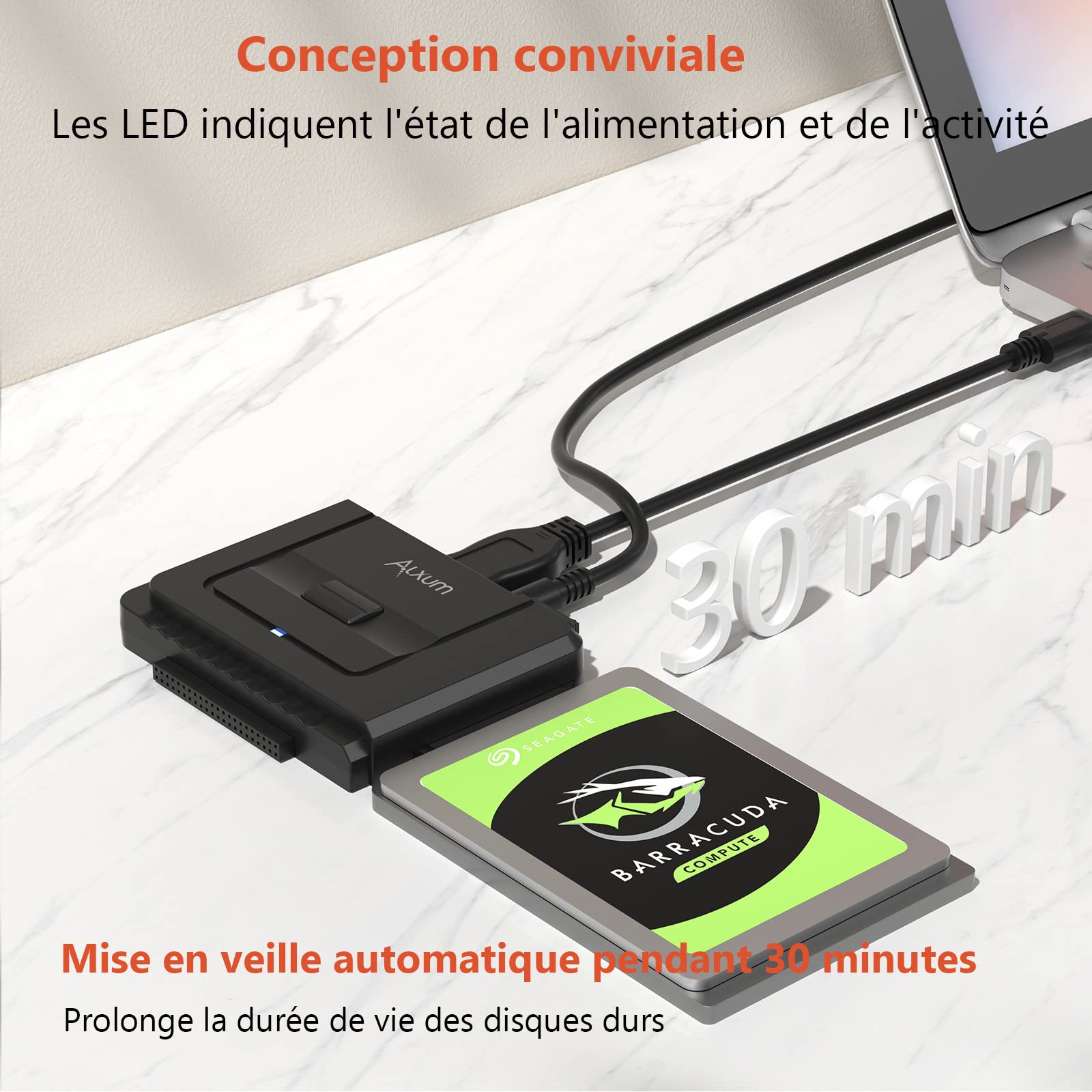 Alxum Adaptateur USB 3.0 vers IDE/SATA Disque Dur 2.5/3.5 Pouces HDD SSD avec Alimentation DC 12V 2A
