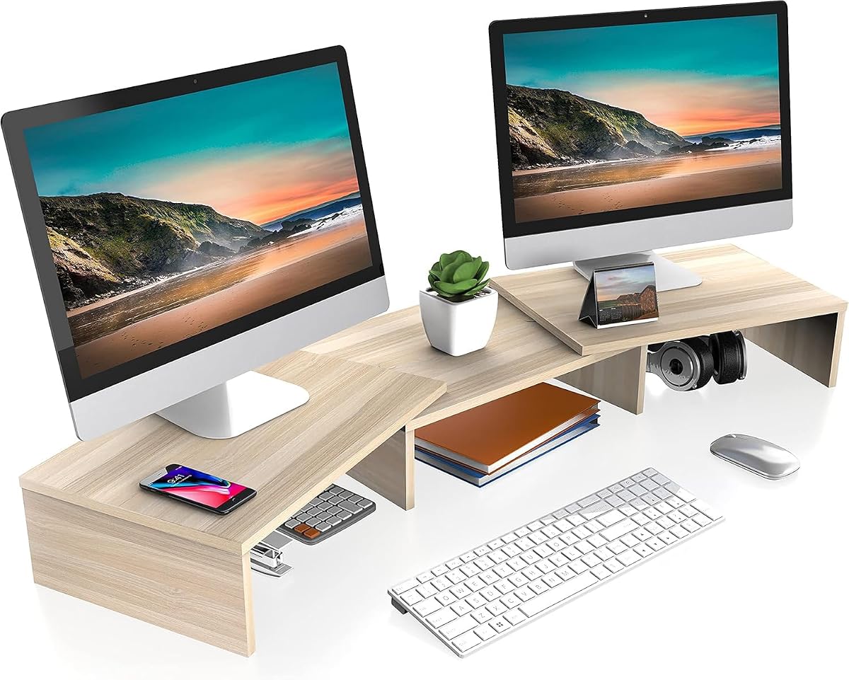 Elevador de soporte para monitor doble, longitud y ángulo ajustables, roble | Diseño de madera de 3 estantes, soporta hasta 55 libras, flexible para espacio de esquina estándar, sostiene monitor, computadora portátil, teléfono, impresora