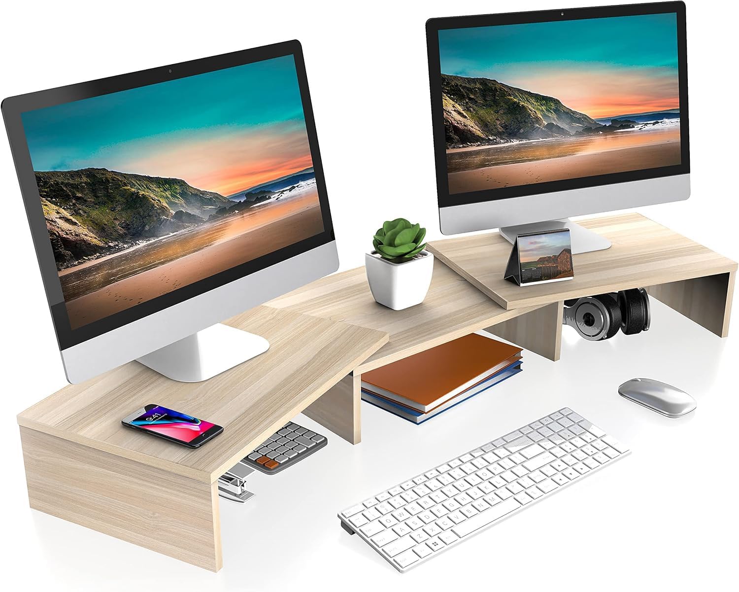 FITUEYES Dual Monitor Stand – 3 Shelf Computer Monitor Riser, Wood Desktop Stand with Adjustable Length and Angle, Desk Accessories, Office Supplies Medium Oak, DT108006WO