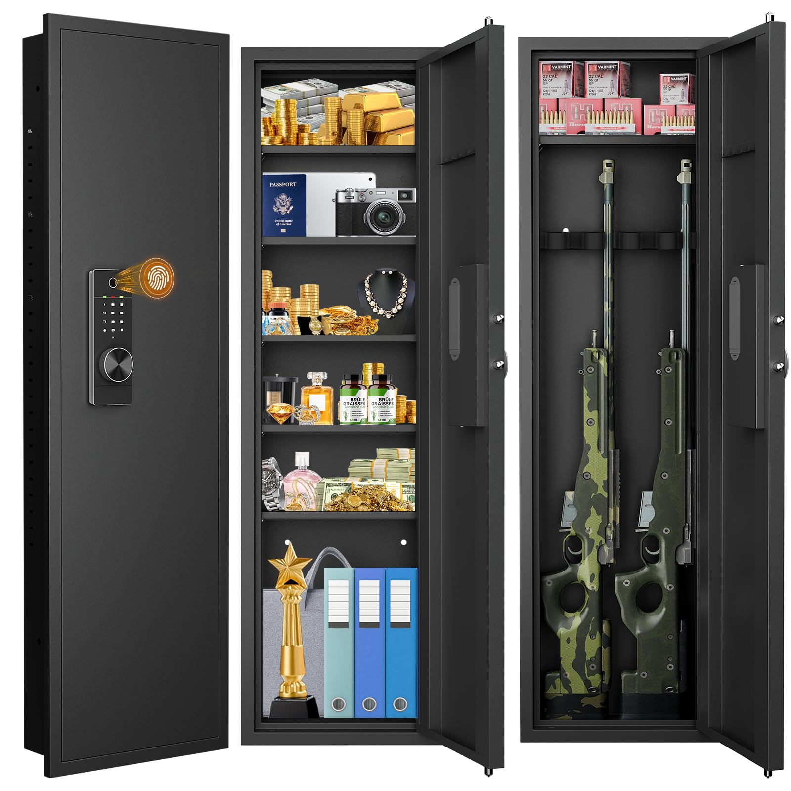 53.15" Wall Safe Between the Studs, Biometric Fingerprint Hidden Safe with Dual Alarm System and Silent Mode, Wall Gun Safe with 3 Adjustable Shelves and Magnetic Slot (Black-Fingerprint)
