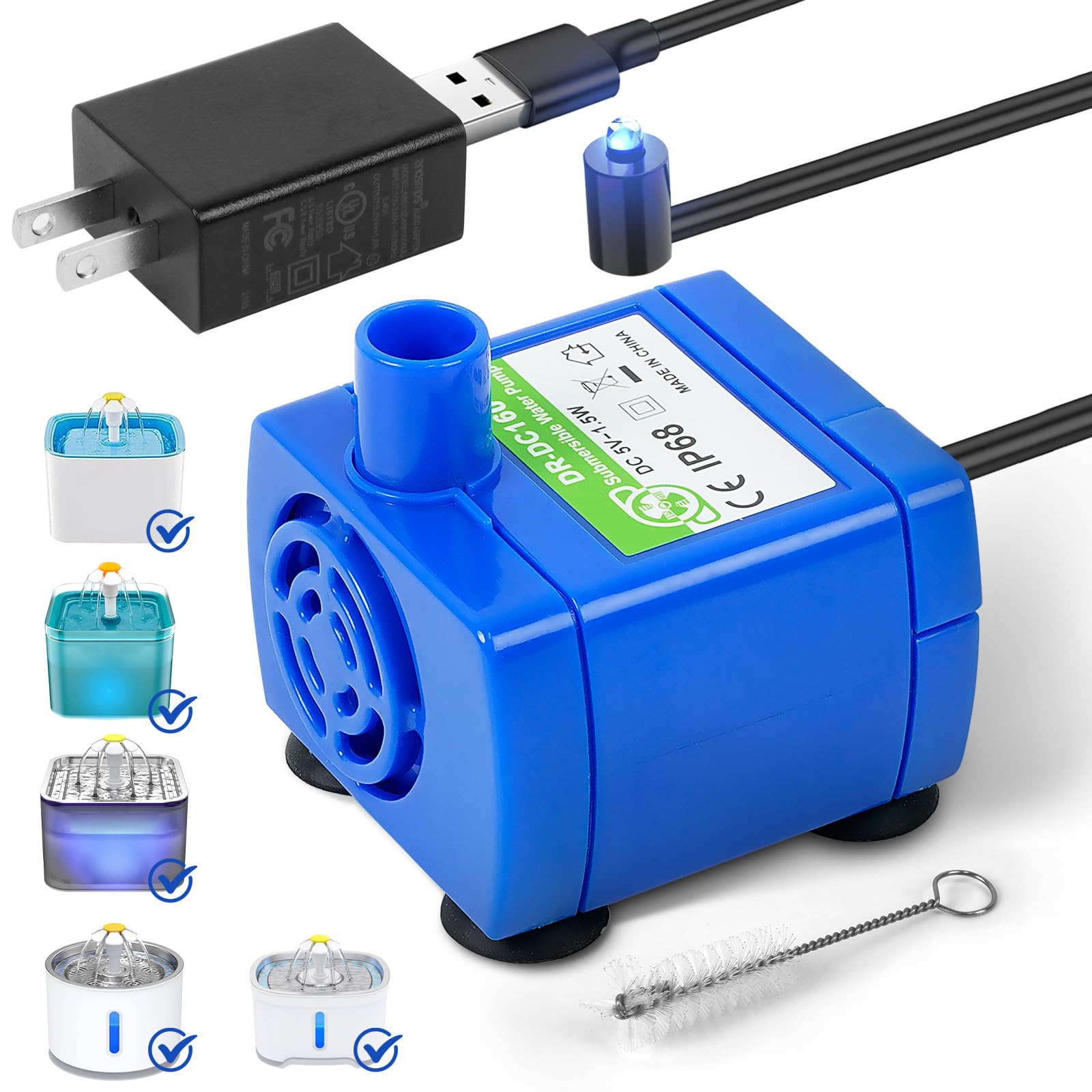 IP68 DR-DC160 Submersible Water Pump Cat Water Fountain Pump for Tritone Ceramic Stainless Steel Round Flower Cap Cat Fountains Automatic Pet Water Dispenser Replacement Pump (with LED&Adapter&Brush)