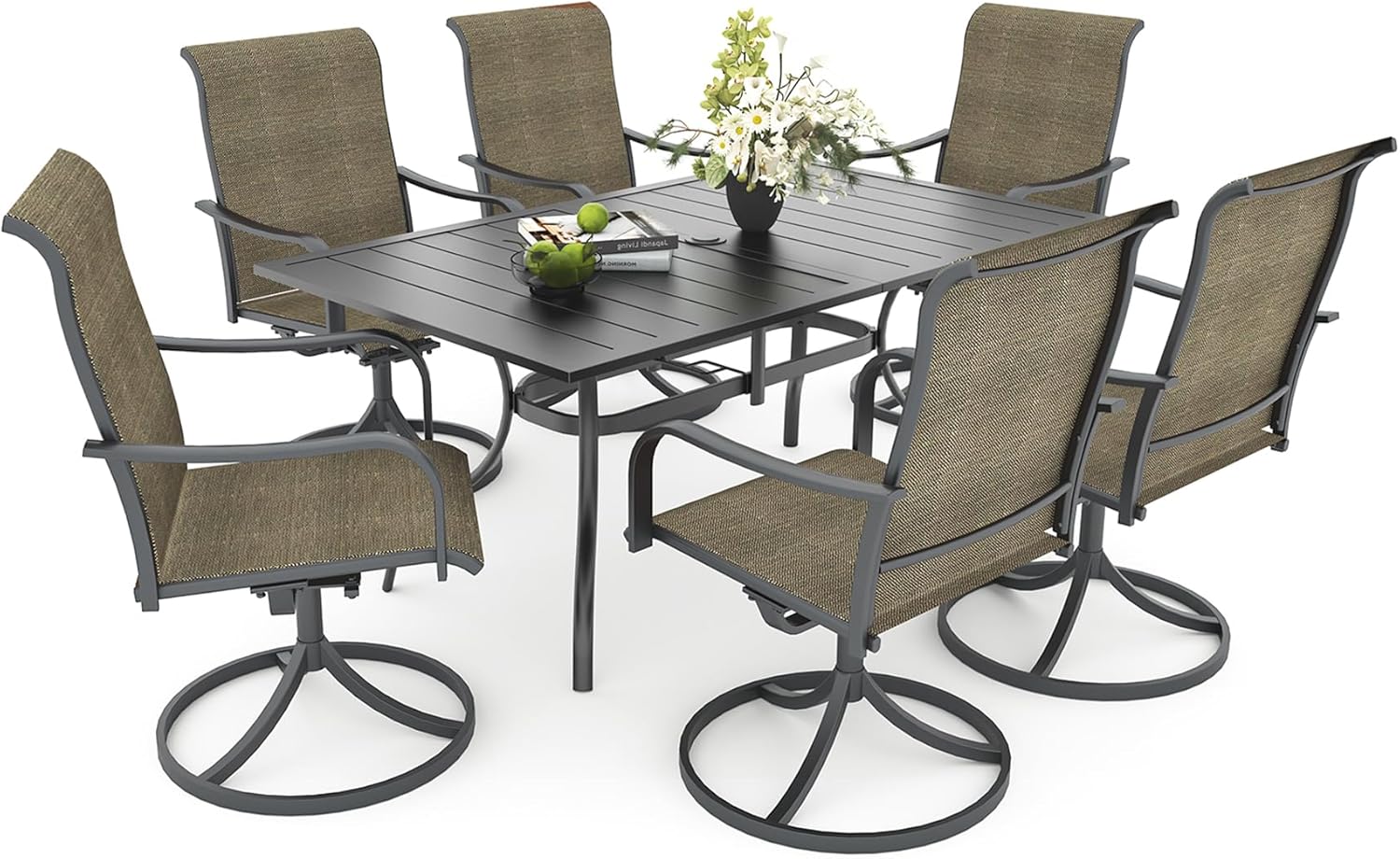 Anmutig 7 Pieces Outdoor Patio Dining Set for 6 Patio Dining Swivel Chairs Textilene & 1 Rectangle Outdoor Dining Table with 1.57" Umbrella Hole for Backyard Bistro Outdoor Furniture Brown/Grey