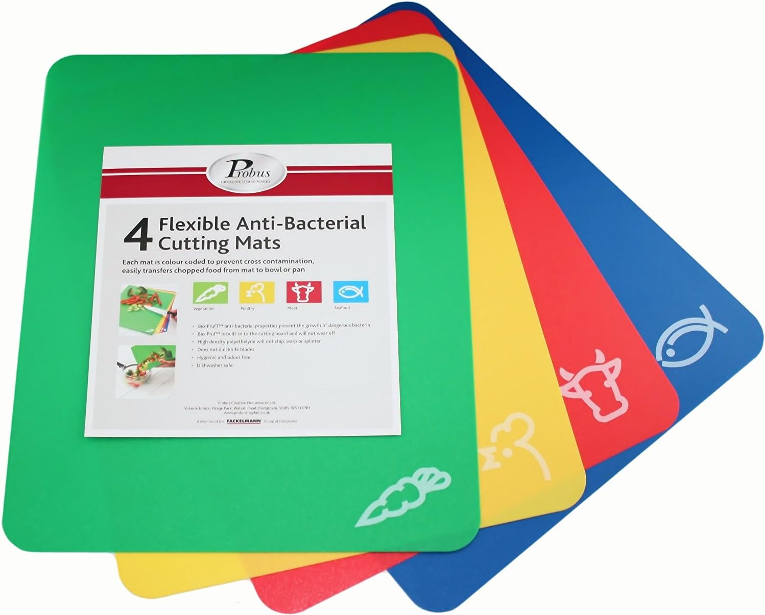 FACKELMANN Flexible Cutting Mats, Set of 4, Multi-Purpose Chopping Board, Rectangle Cutting Board, Pack of 4 Colour Coded for Food Types, Dishwasher Safe, 38x30.5x.2cm, Blue Red Yellow & Green