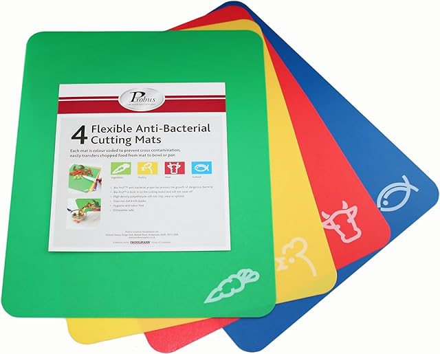 Fackelmann(Probus) Flexible Cutting Mats (Set of 4) Flexible, Anti-Bacteria, Colour Coded for Food Types