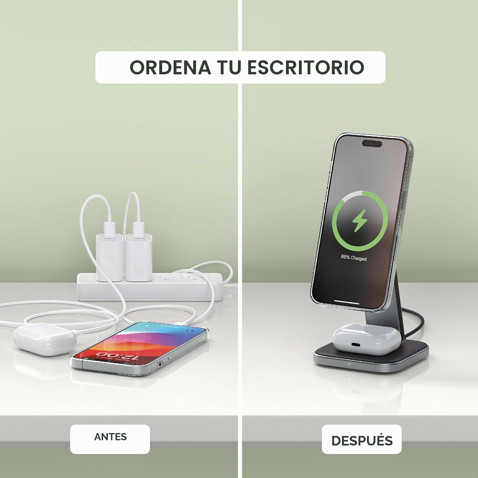 SATECHI 2 en 1 Qi2 Cargador Inalámbrico Plegable 15W | Soporte que se pliega para viajes, compatible con iPhone 17-12 y AirPods con estuche de carga inalámbrica