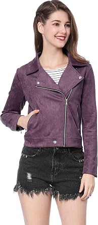 Allegra K Women's Short Soft Zip Up Faux Suede Biker Moto Jacket
