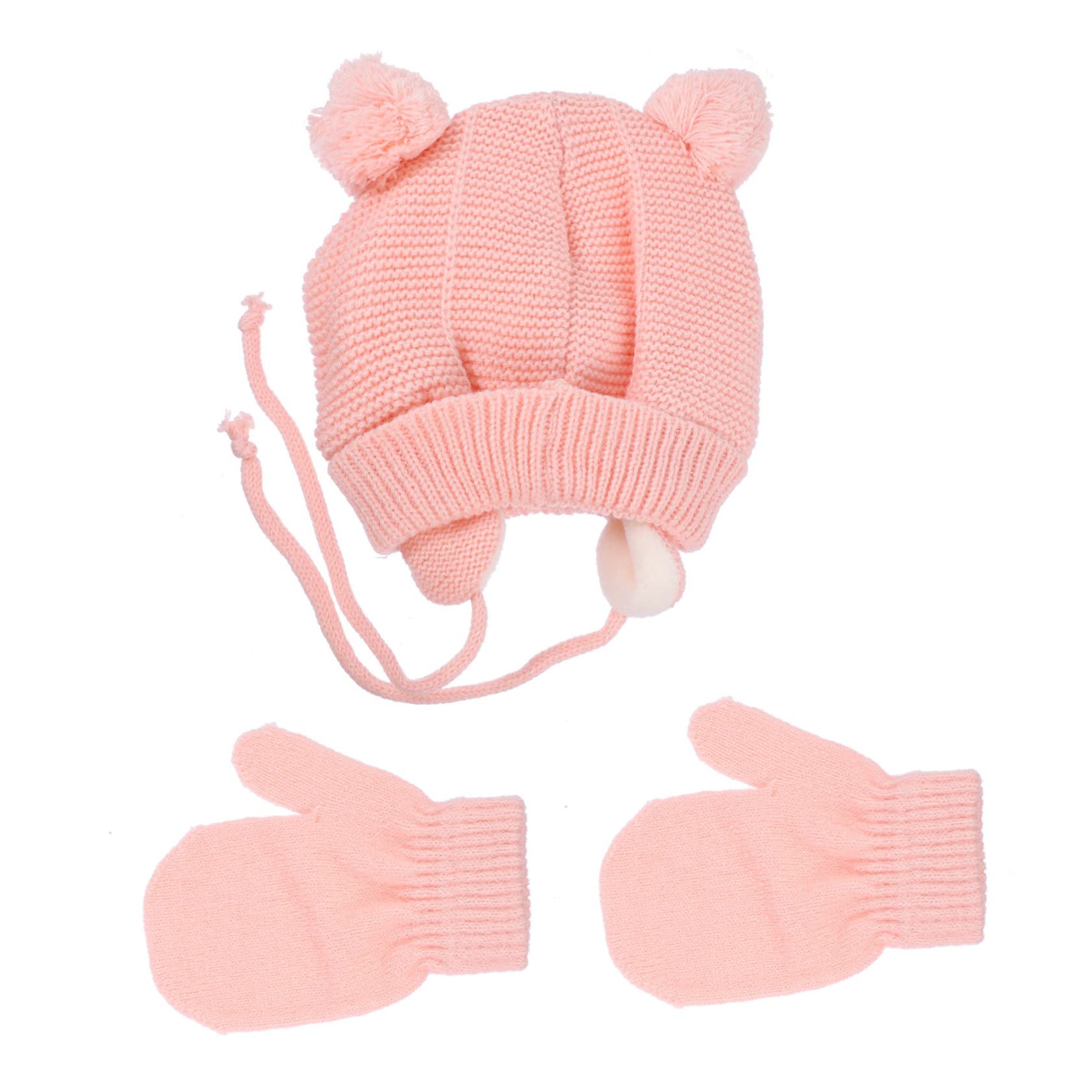 BESTYASH Warmest Baby Hat Gloves Newborn Baby Boys Girls Knitted Sets Pompom Ear Flap Cap Acrylic Comfortable Pink