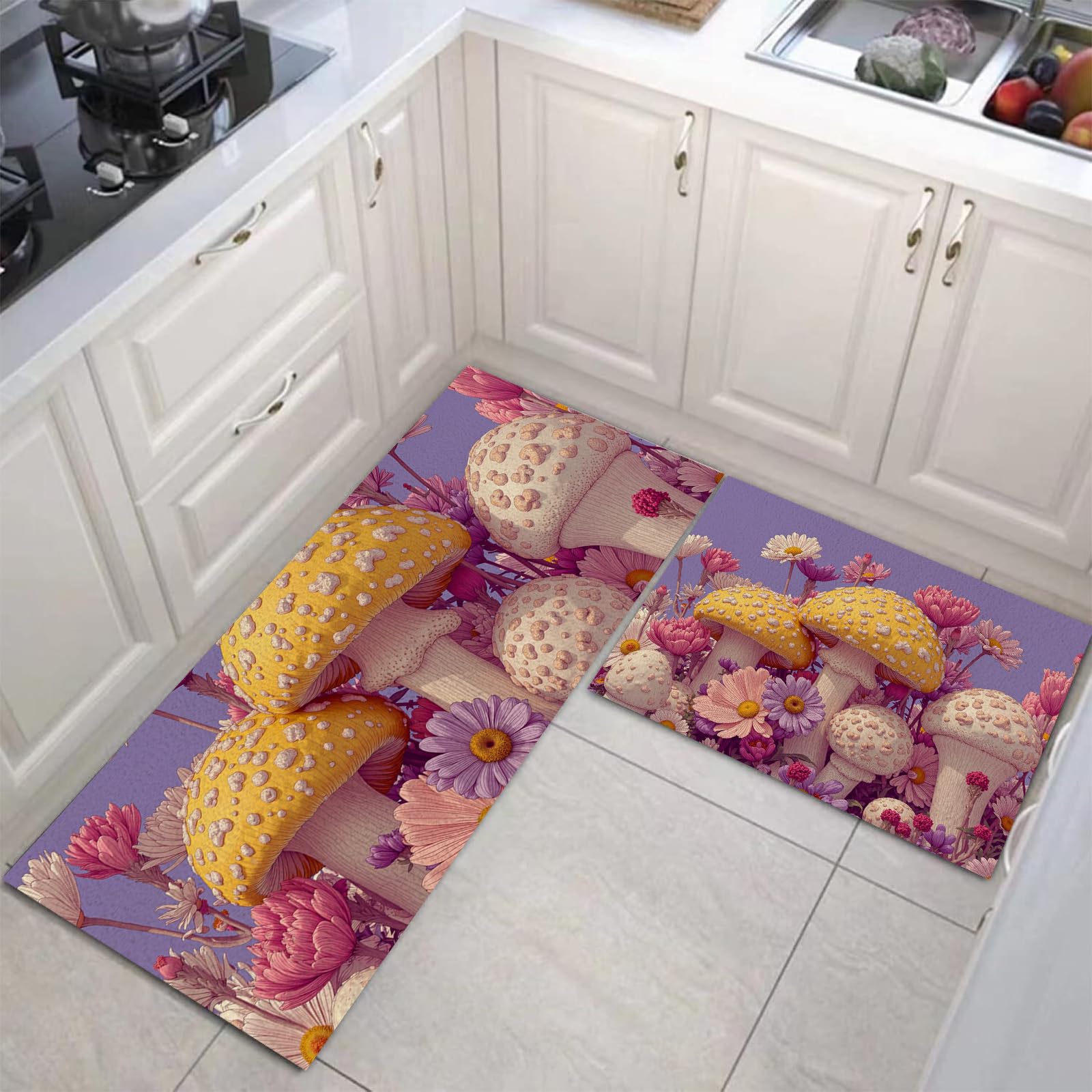 Tapis de cuisine lavables violet motif floral champignon lot de 2 tapis de sol antidérapants