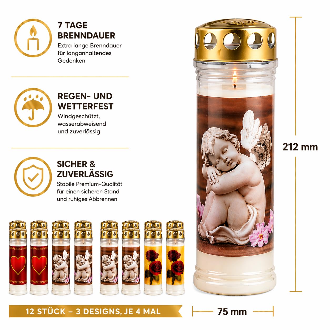 Grabkerzen 12er Set mit Motiv - 7 Tage Brenndauer Friedhofskerze - Premium Grablichter Wetterfest mit Deckel - Gedenklicht Engel Herz Rose - Trauerkerzen Dauerbrenner für Grabschmuck