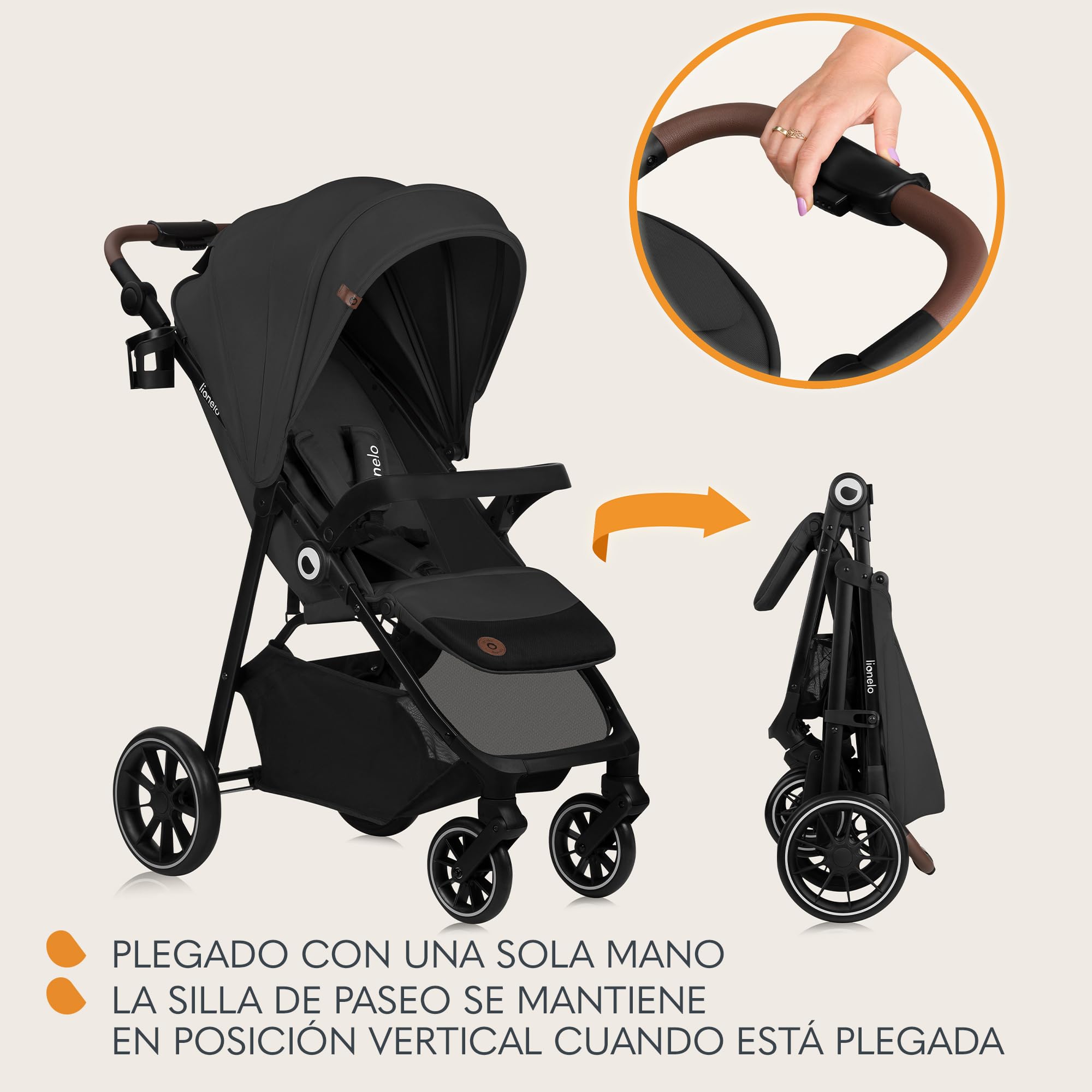 LIONELO EMMA ONE Carrito bebe hasta 22 kg de 6 m a 4 años Ruedas Giratorias 360° Suspensión Total Plegable con una Sola Mano Ajuste del Respaldo y Reposapiés Toldo XXL UPF50+ (Grey)