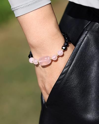 Miniatura 5 de Jewever Pulsera de cuarzo rosa con cristal de obsidiana negra cortada para mujer, pulseras de cuentas, cristales y piedras curativas ajustables