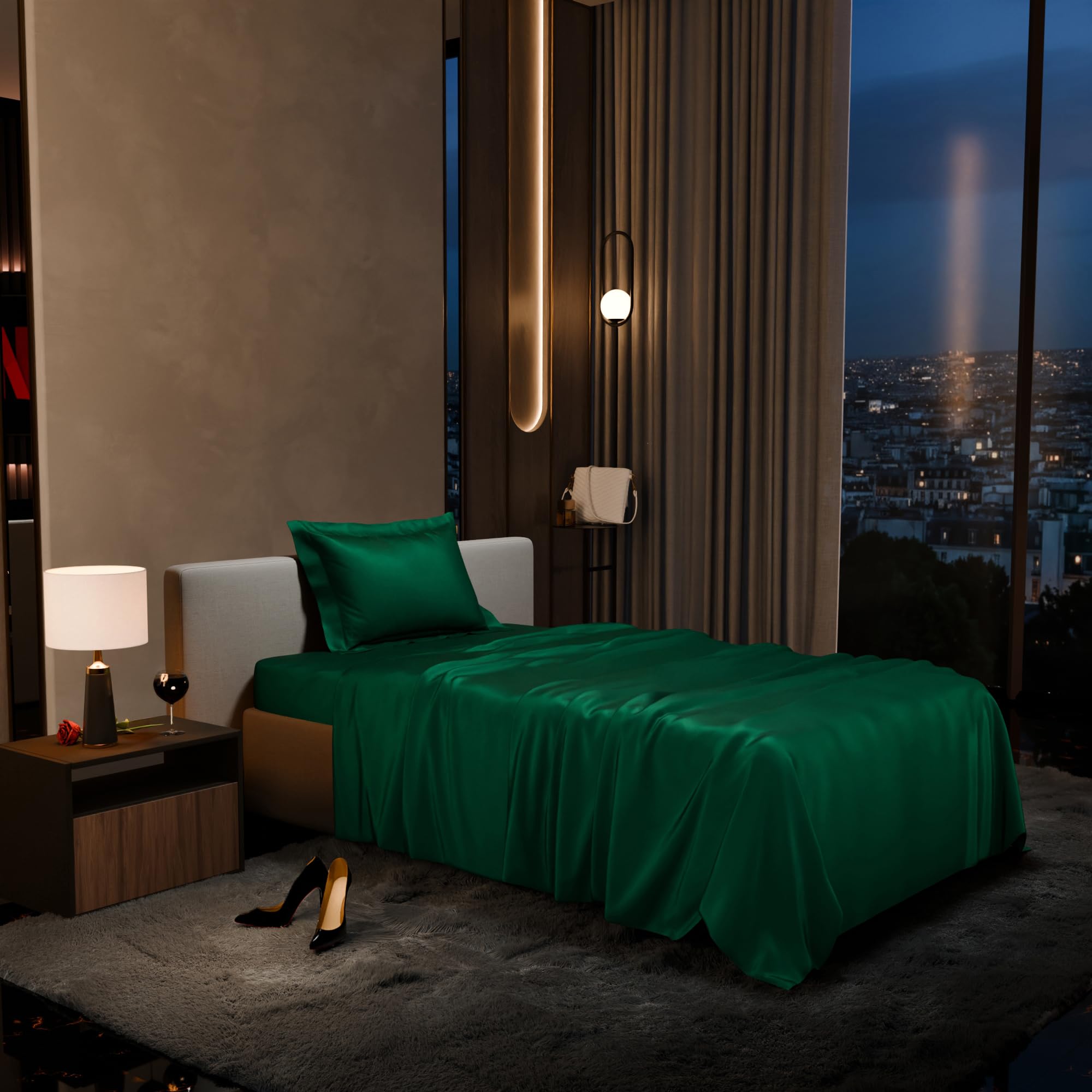 Stoa Paris Single Bedsheet with 1 Pillow Cover, 300TC Satin Premium Bedding Set, Home Decor, Wedding Gift for Couples, Housewarming, Anniversary, Date Night - Emerald Green