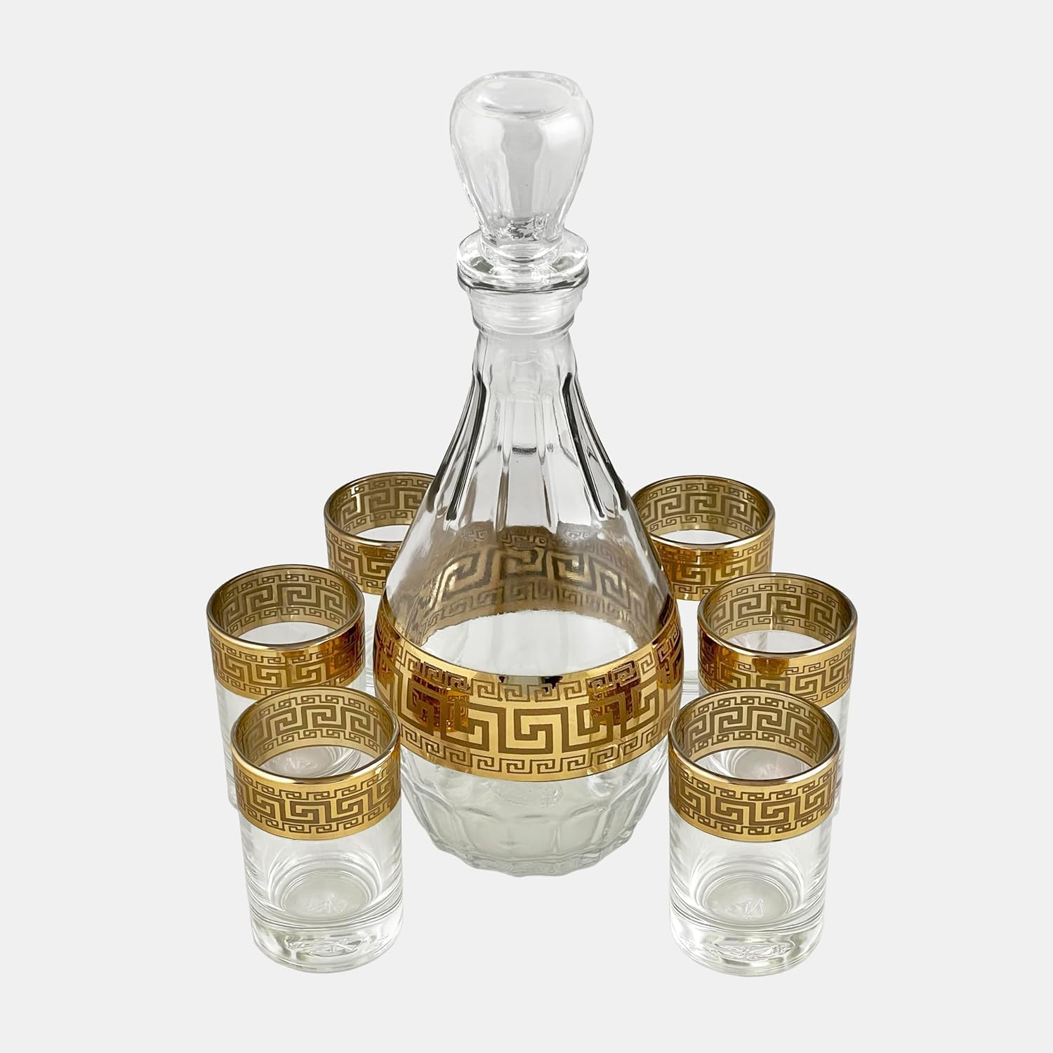 Gold Rimmed Decanter and Shot Glass 7-piece Set Greek Key Pattern Contemporary Drinkware