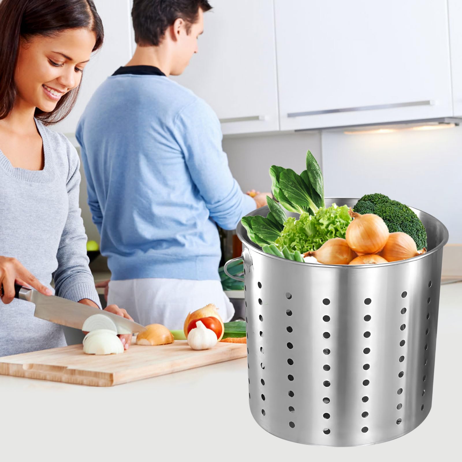 Cestello per cottura a vapore in acciaio inox a prova di perdite, con manico, per casa, ristorante, cucina, 45 cm x 45 cm