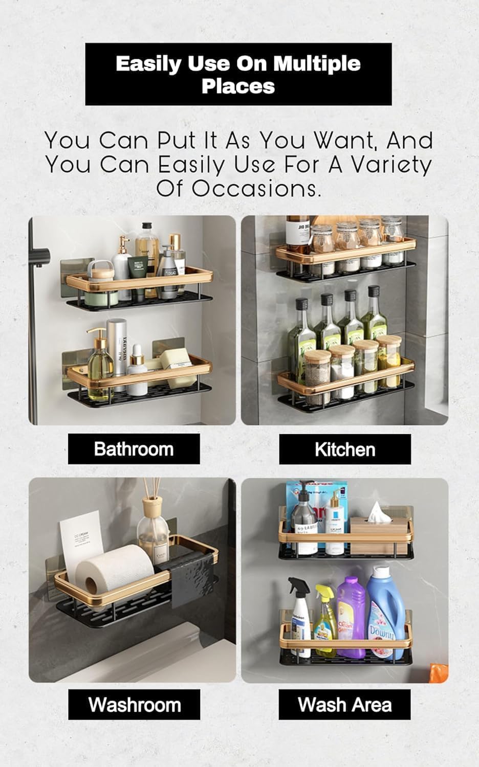 Self-Adhesive Multipurpose Wall Mounted Bathroom Shelf and Rack for Bathroom and Kitchen,Space Saving Bathroom Organizer Shelf, Punch Free Wall Shelves, Wall Stand (Gold Shelf, Pack of 1)