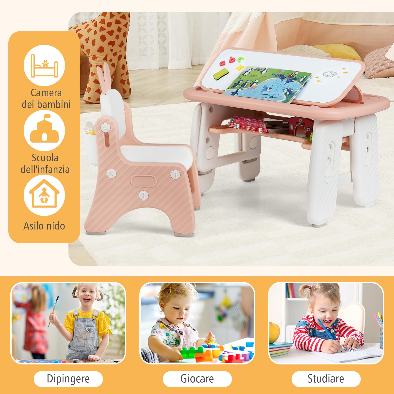 RELAX4LIFE 2 in 1 Set Tavolo e Sedia per Bambini con Lavagna Doppia Faccia Magnetica e Cancellabile, Altezza Regolabile, Cestello Portaoggetti, Tavolino per Bambini 1-12 Anni (Rosa)