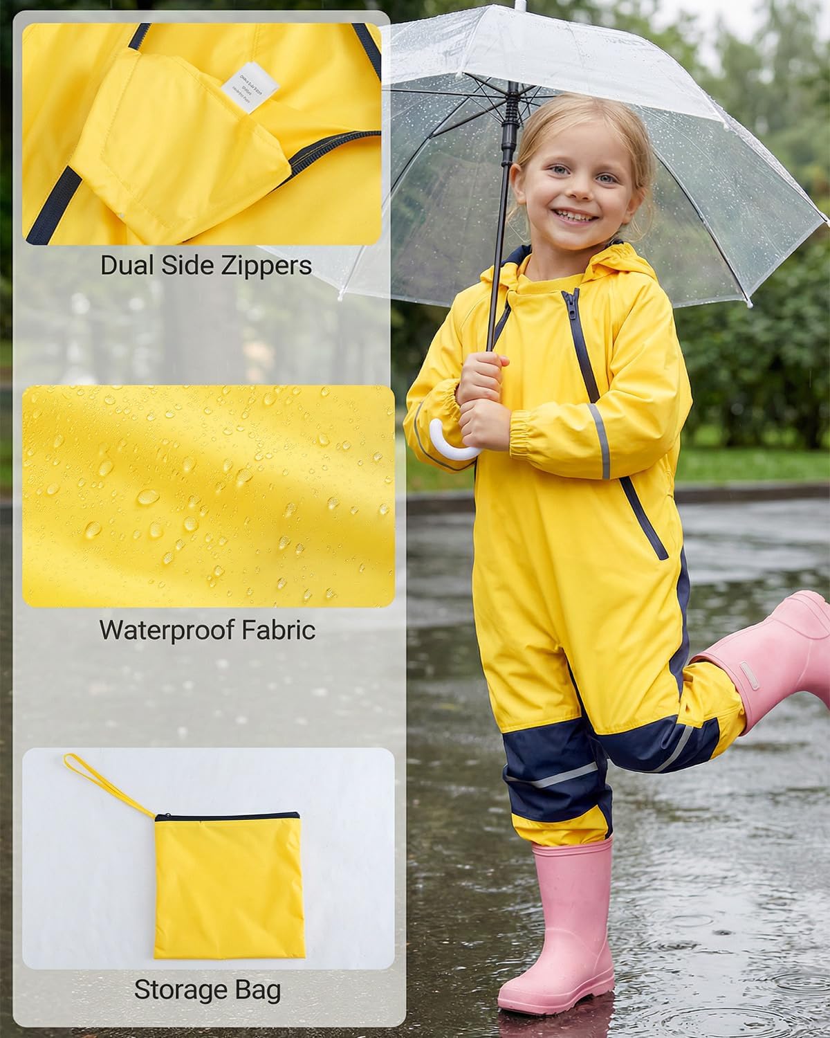 DivingBirds Kids Toddler Rain Suit Waterproof Coverall, Hooded Full-Body Raincoat For Outdoor Play (Ages 1–12)