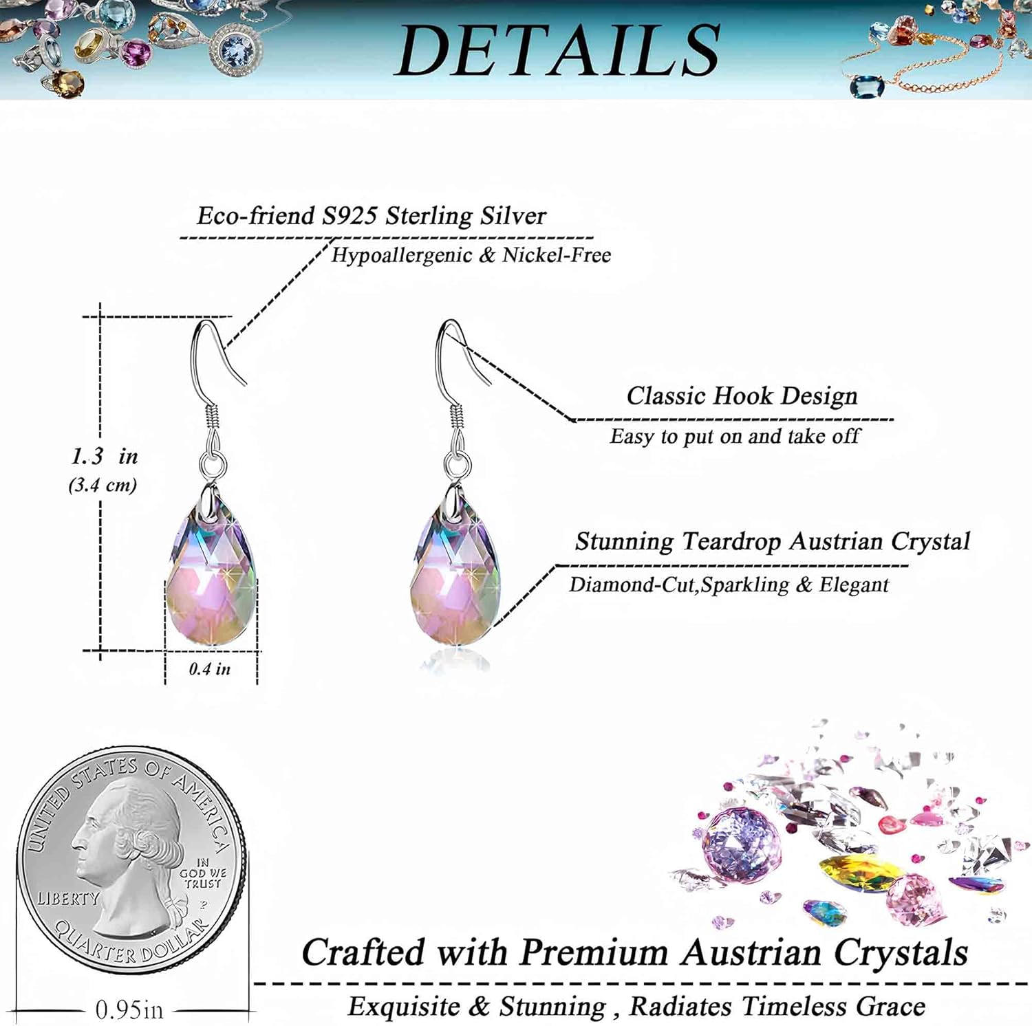 Teardrop Austrian Crystal Drop Dangle Earrings for Women 925 Sterling Silver Hook Hypoallergenic Jewelry - Image 4