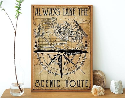 Letrero de metal con diseño de botas de senderismo, con texto en inglés "Always Take The Scenic Route", placa retro para decoración de pared para el