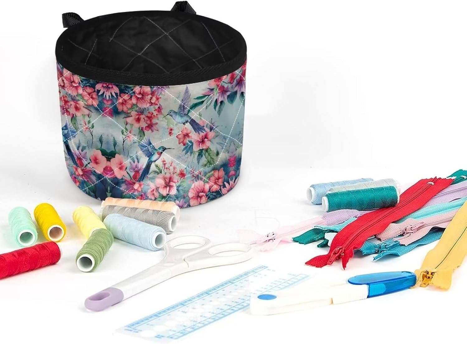 Bird Pink Flowers Sewing Machine Mat with Pockets for Sewing Accessories Non Slip Mats Reduce Noise Vibration, Movement