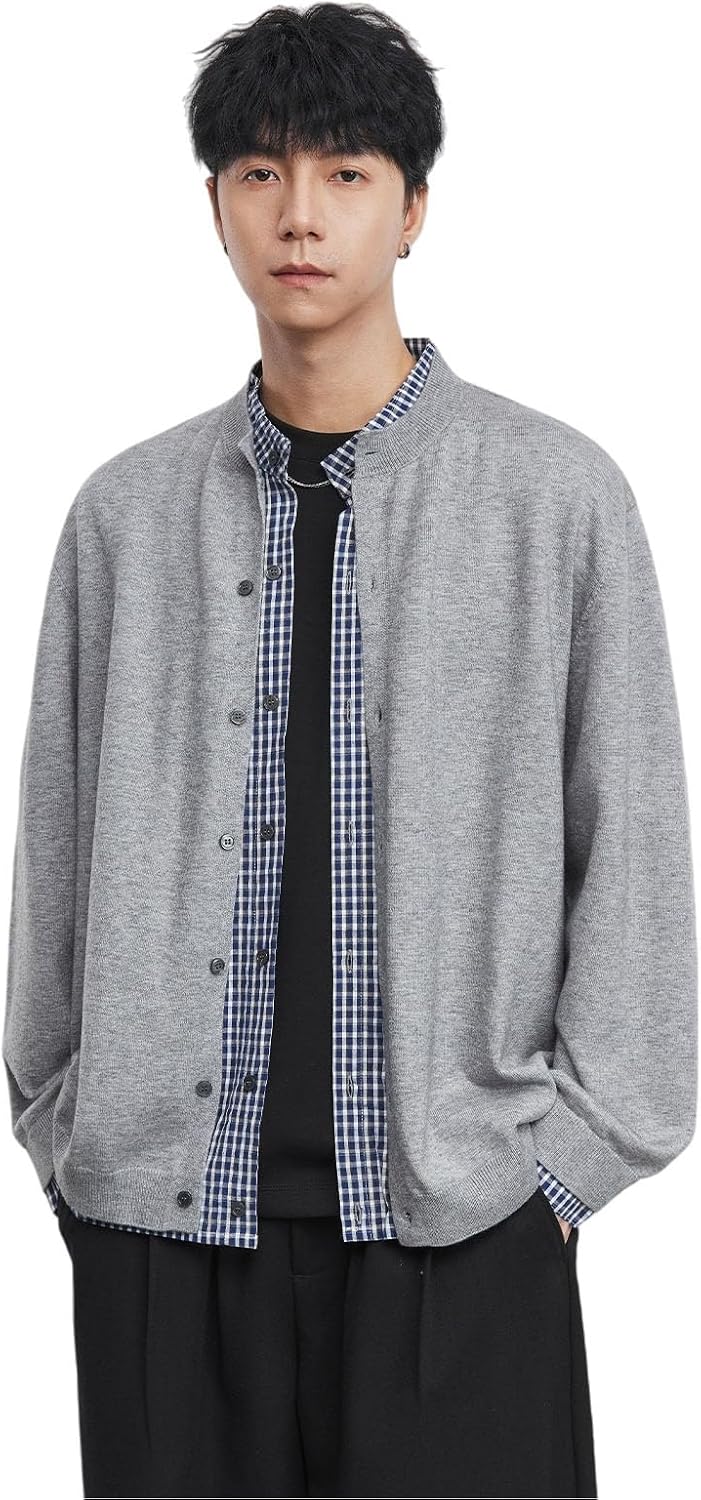 Men's Striped Patchwork Cardigan Mock Two-Piece Knit Sweater Top