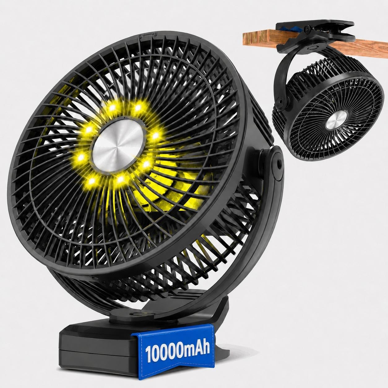 Meudeen 10000mAh Battery Operated Clip on Fan - 8 Inch Portable Timer Fan for Golf Cart - Table - 5 Speeds High-Velocity Airflow - LED Lantern - with Beach - Bedroom - Desk Fan