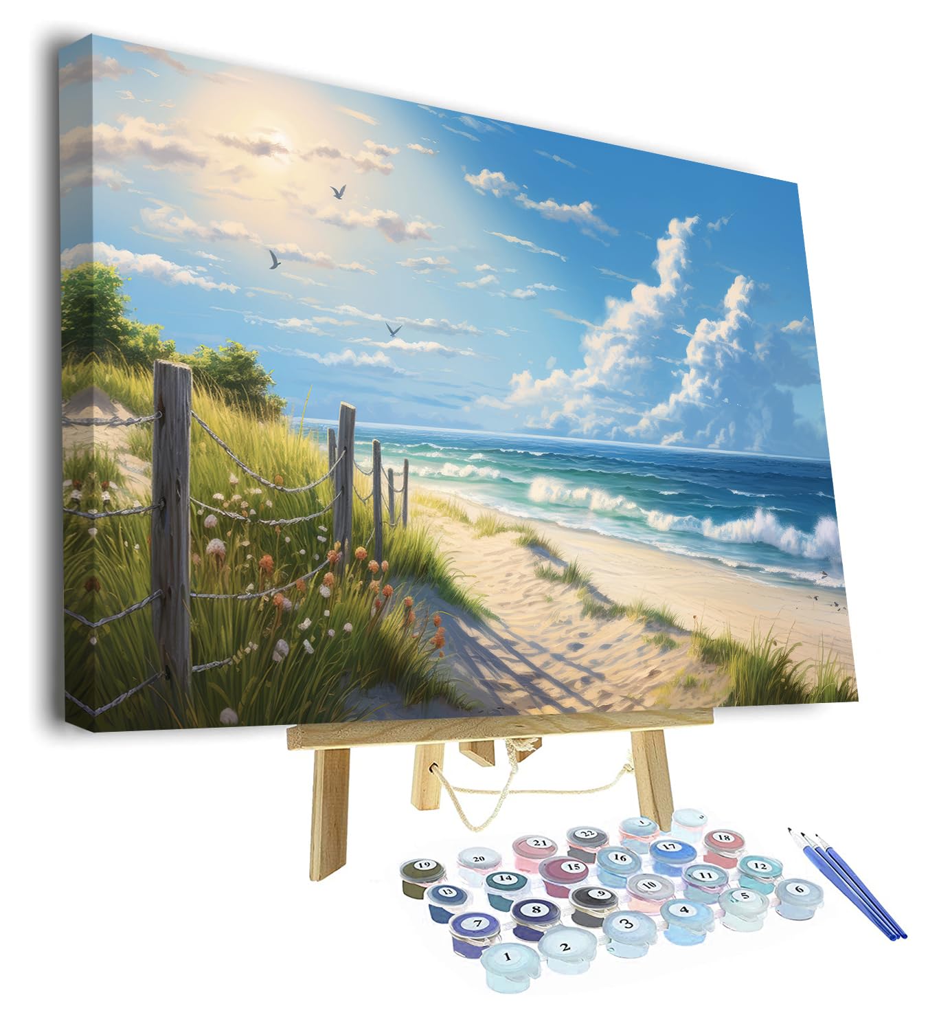 TISHIRON Paint by Numbers Coastal Beach Landscape, DIY Paint by Numbers Kit for Adults Reed Grass Canvas Painting by Numbers Beach Waves Oil Painting Arts Craft for Home Decor 16x20 Inch with Frame