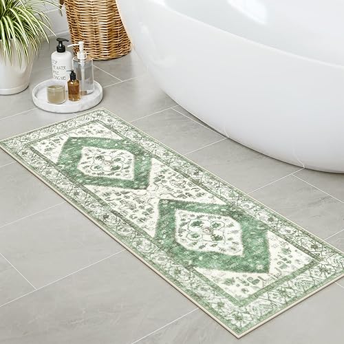 Miniatura 7 de Uphome Alfombra de baño verde bohemia, de lujo, suave, antideslizante, oriental, larga, lavable a máquina, vintage, tribal, para entrada, ducha,