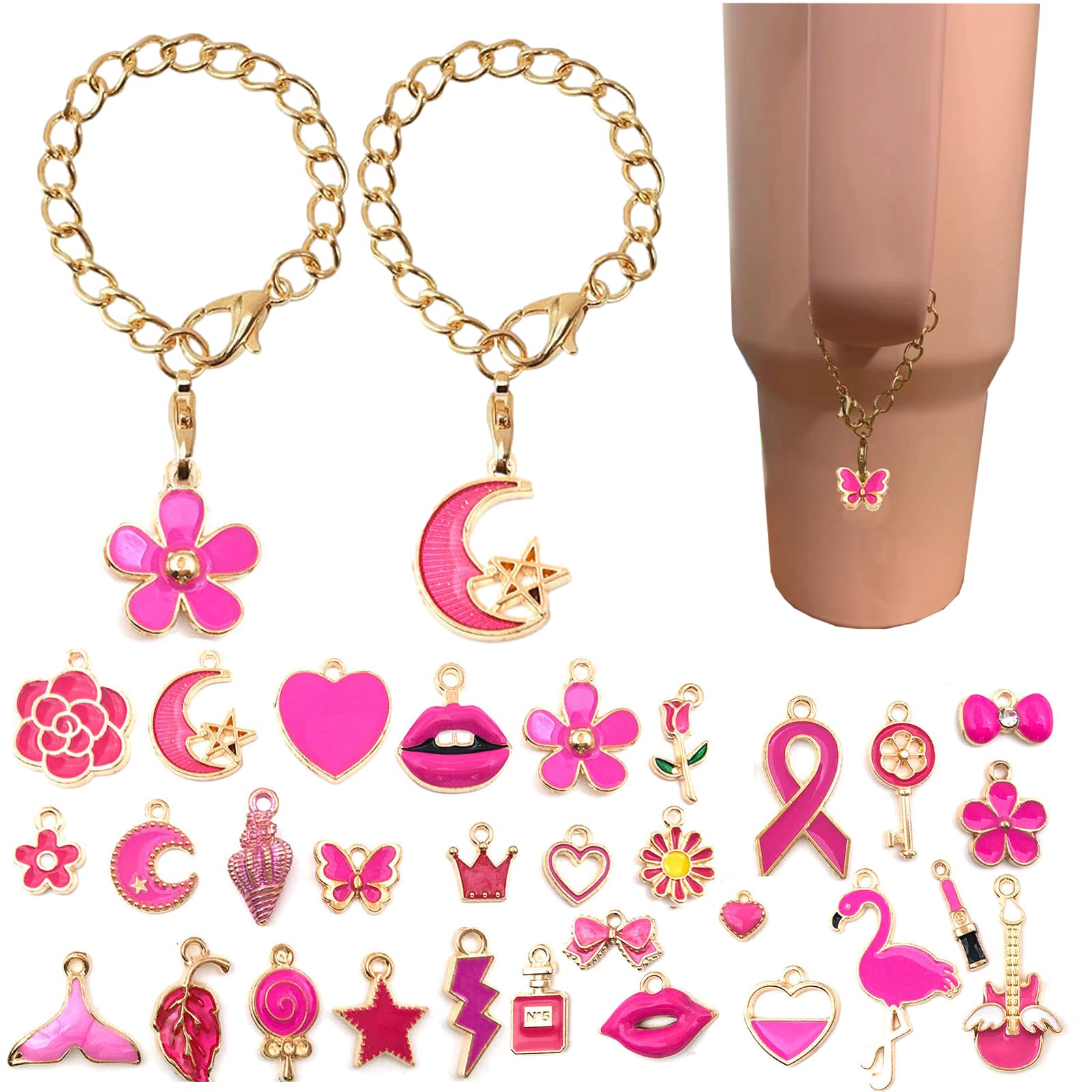 Cosmo Pink Charms Compatible with Stanley &amp; Simple Modern Tumbler 30oz 40oz With Handle,Name Plate Tage ID Personalized Charm Cup Accessories for Teens Girls Friend Women Mother (Pink Set)